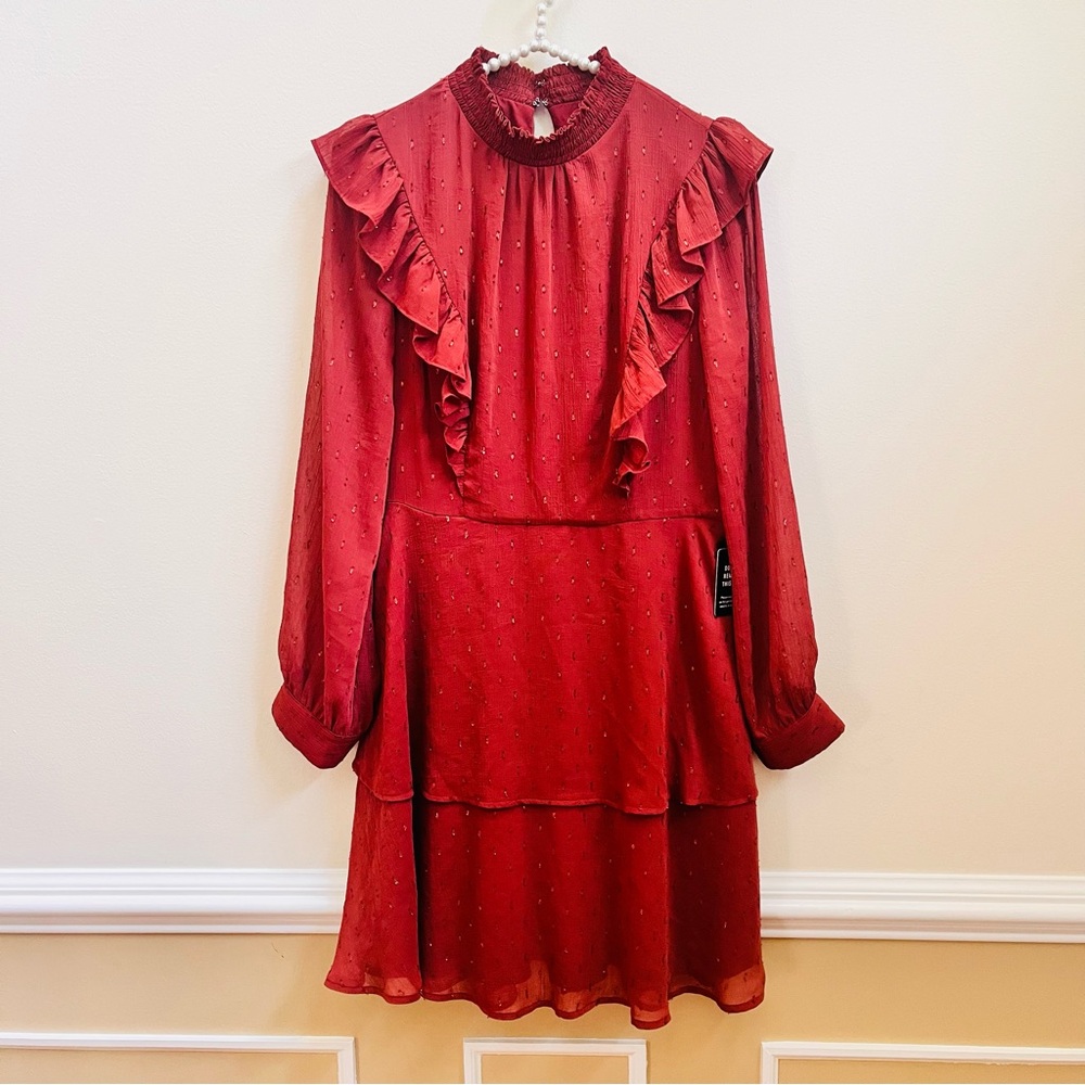 Rust Long Sleeve Swiss Dot Ruffle Tiered Mini Dress NWT